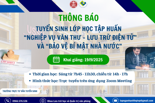 Thông báo tuyển sinh lớp tập huấn về Nghiệp vụ Văn thư – Lưu trữ điện tử và Bảo vệ bí mật Nhà nước