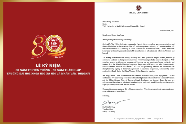 Thư chúc mừng từ Đại học Bắc Kinh gửi Trường ĐH KHXH&NV: Thắt chặt tình hữu nghị, hợp tác vững bền giữa hai trường đại học hàng đầu