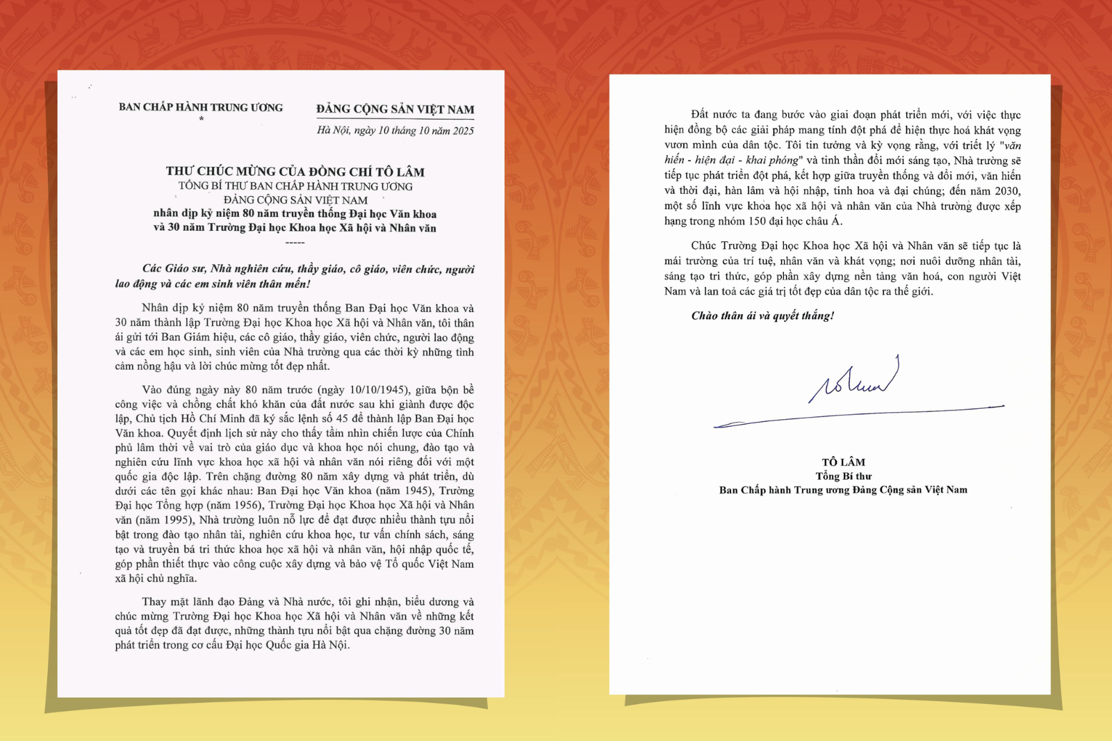 Thư chúc mừng của đồng chí Tô Lâm, Tổng Bí thư Ban Chấp hành Trung ương Đảng Cộng sản Việt Nam gửi Trường Đại học Khoa học Xã hội và Nhân văn, ĐHQGHN