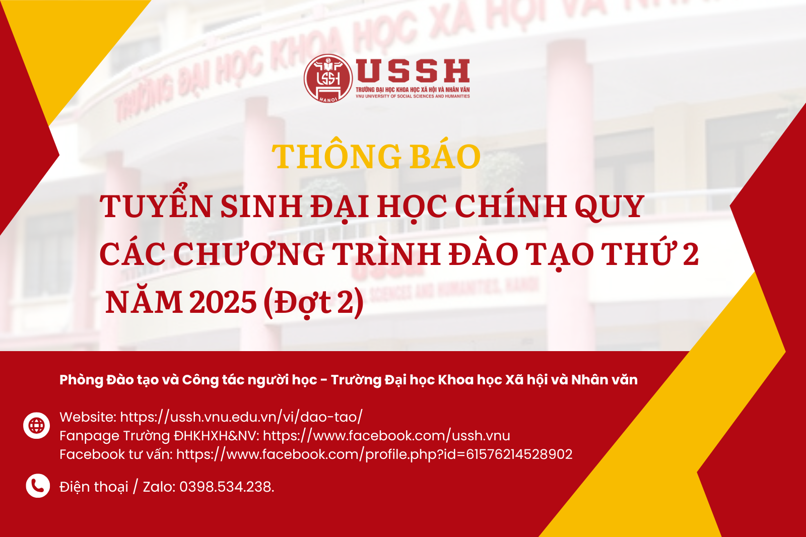 Thông báo tuyển sinh đại học chính quy các chương trình đào tạo thứ hai năm 2025 (đợt 2)